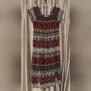 Bohemian Maxi Dress with Red and Blue Patterns